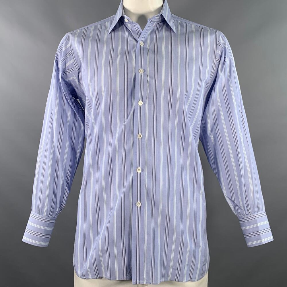TURNBULL & ASSER Vintage Size L Blue Navy White Stripe Cotton Long Sleeve Shirt